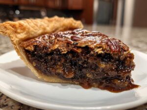 Close-up of a decadent slice of chocolate bourbon pecan pie showing gooey filling and a flaky crust.