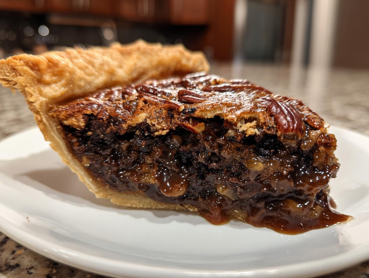 Close-up of a decadent slice of chocolate bourbon pecan pie showing gooey filling and a flaky crust.