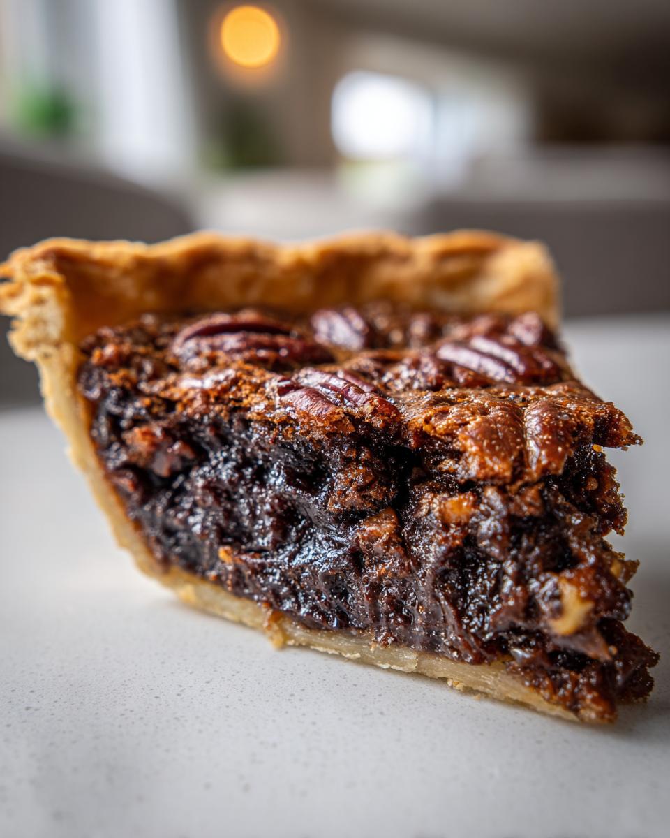 Close-up of a decadent slice of chocolate bourbon pecan pie showing the gooey filling and pecan topping.