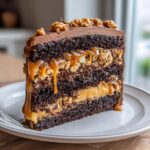 A decadent slice of chocolate caramel toffee crunch cake showing multiple dark chocolate layers and gooey caramel filling.