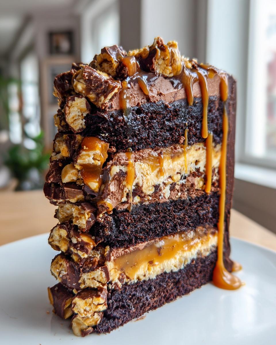 A decadent slice of chocolate caramel toffee crunch cake showing dark chocolate layers, caramel filling, and candy topping.