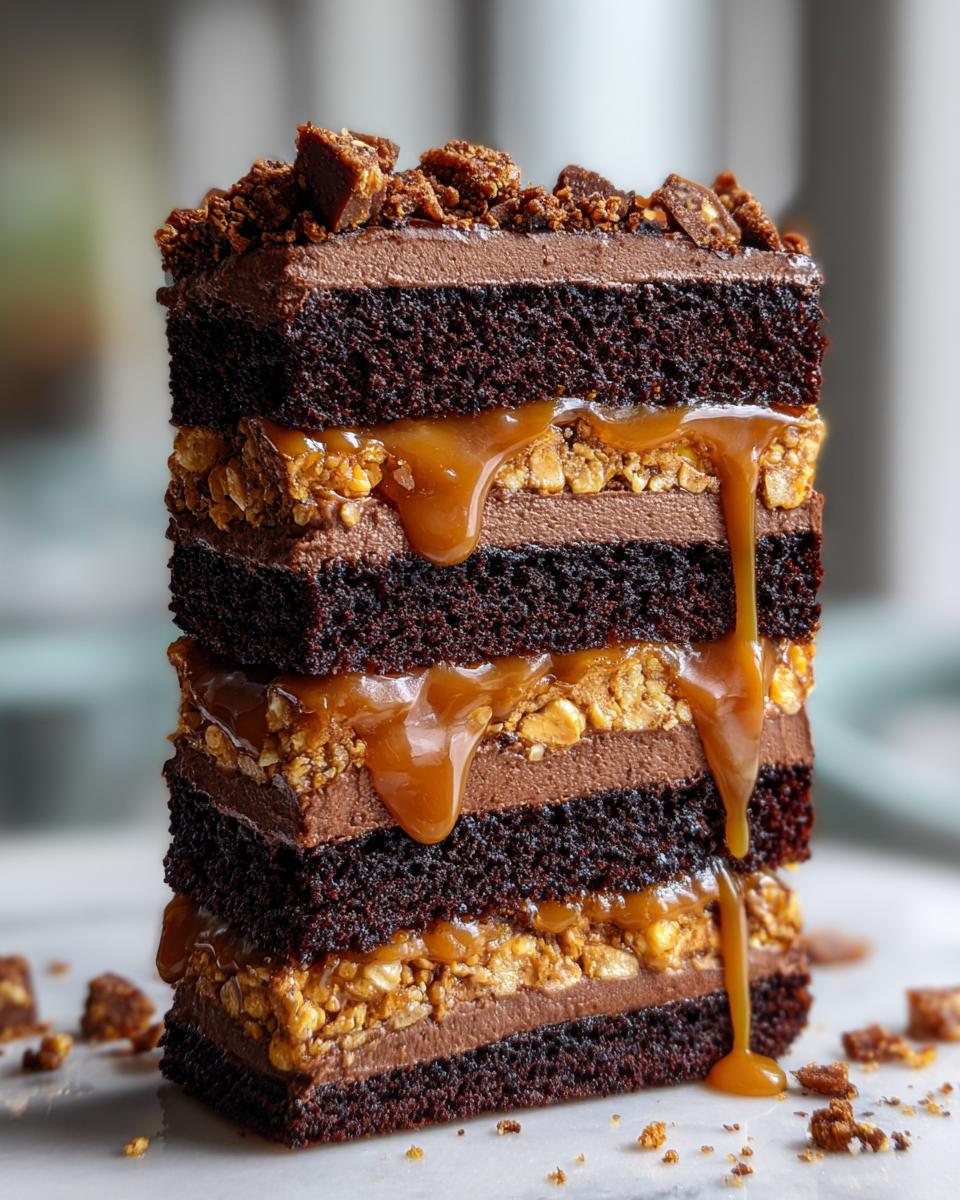 A tall slice of chocolate caramel toffee crunch cake showing multiple layers of dark cake, chocolate mousse, and crunchy toffee filling with dripping caramel.
