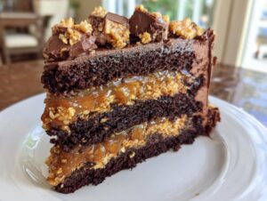 A decadent slice of chocolate caramel toffee crunch cake showing rich layers of dark chocolate cake, gooey caramel, and crunchy toffee filling.