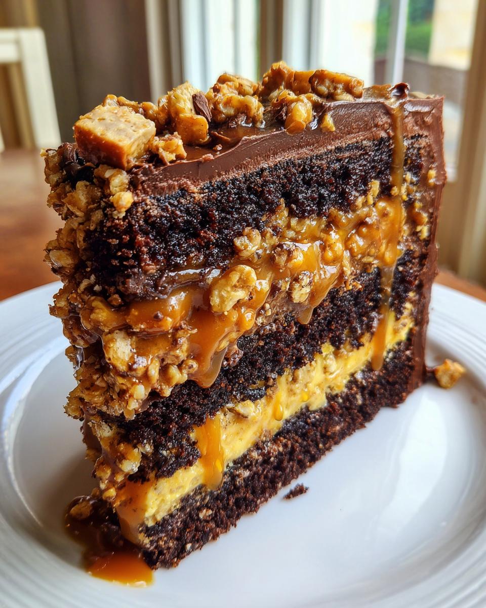 A tall slice of chocolate caramel toffee crunch cake showing dark layers, caramel filling, and crunchy topping.