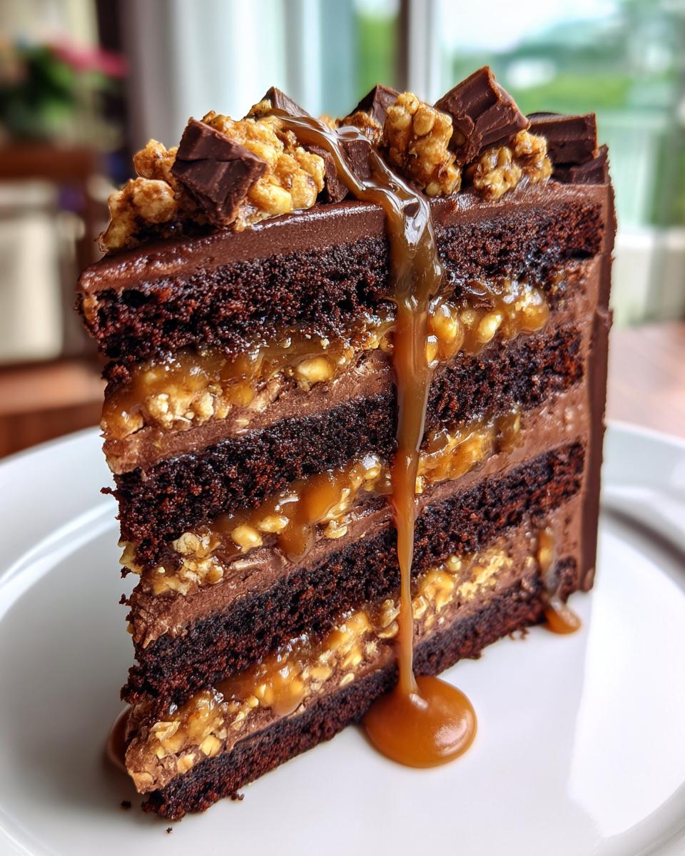 A decadent slice of chocolate caramel toffee crunch cake showing multiple dark chocolate layers, caramel filling, and a rich caramel drizzle.