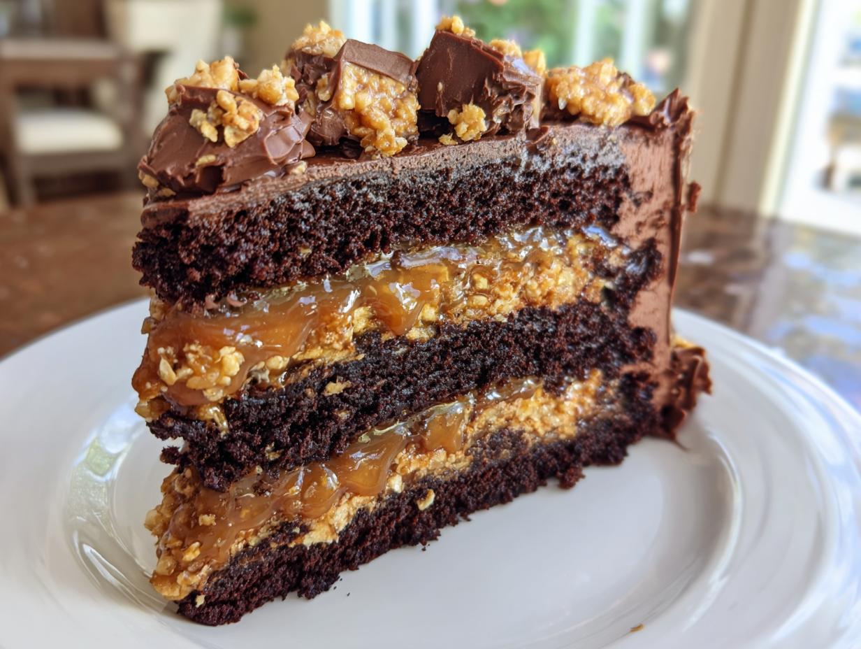 A decadent slice of chocolate caramel toffee crunch cake showing rich layers of dark chocolate cake, gooey caramel, and crunchy toffee filling.