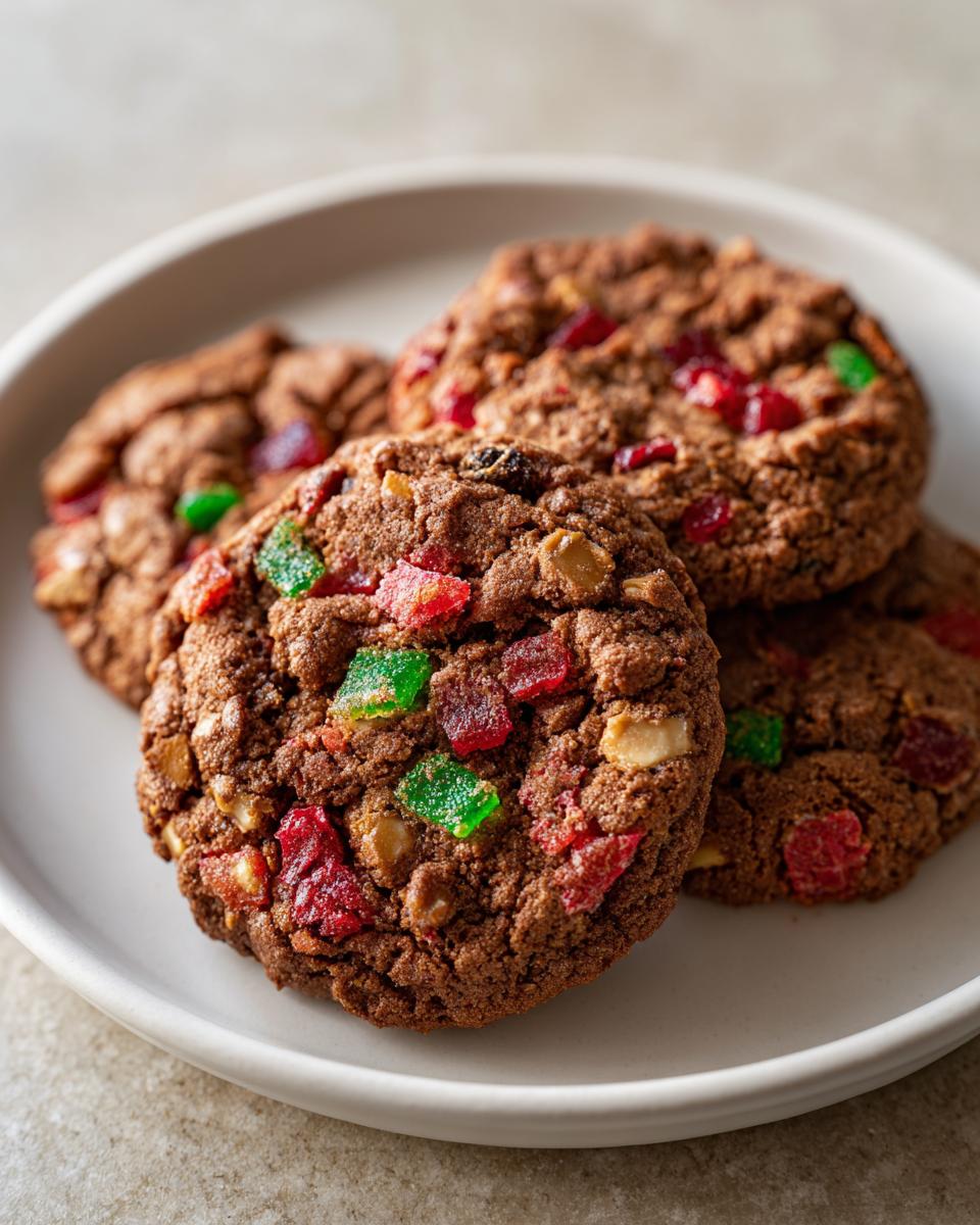 A stack of rich, dark chocolate fruitcake cookies studded with bright red and green candied fruit pieces.