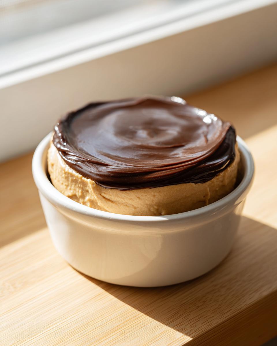 Close-up of a creamy peanut butter dip topped with glossy chocolate ganache, served in a white ramekin.