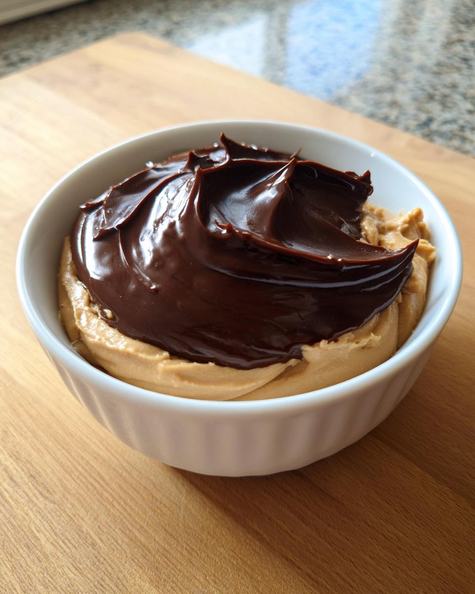 Close-up of a white bowl containing creamy peanut butter dip topped with glossy, swirled chocolate ganache.
