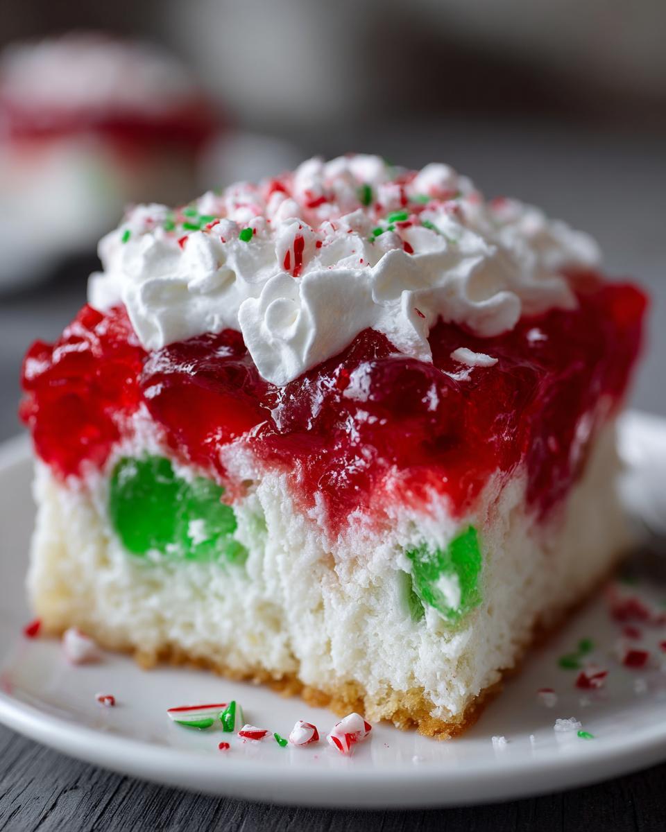 Close-up of a slice of Christmas poke cake showing white cake base, green gelatin pieces, red gelatin topping, and whipped cream with sprinkles.