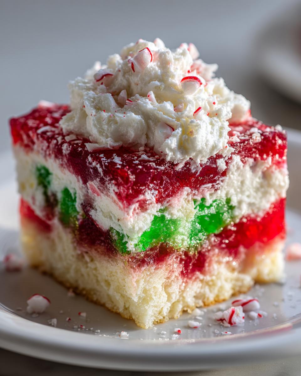 Close-up of a slice of Christmas poke cake featuring layers of red and green gelatin, white cream, and topped with whipped cream and crushed peppermint.