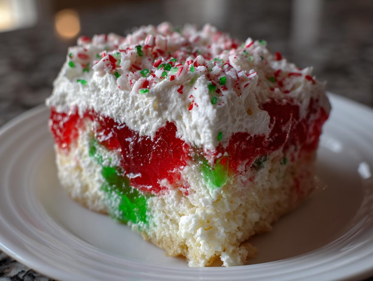 A close-up of a slice of Christmas poke cake featuring red and green gelatin layers, white cake, and whipped topping sprinkled with candy cane pieces.