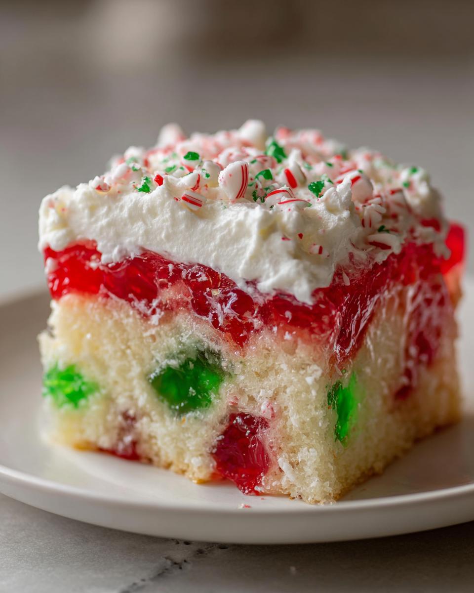 A square slice of Christmas poke cake featuring white cake with red and green gelatin, topped with whipped cream and crushed peppermint candies.