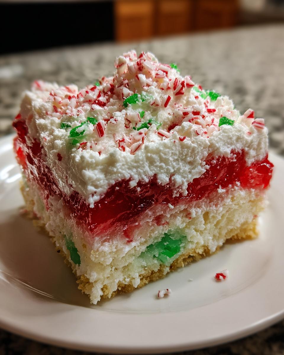 A square slice of Christmas poke cake featuring layers of white cake, green jello, red jello, and whipped topping sprinkled with crushed peppermint.