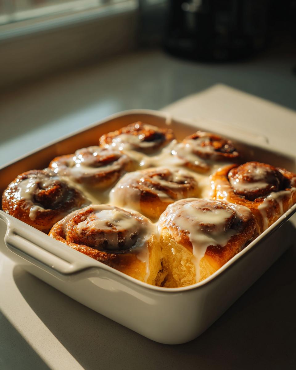 Close-up of freshly baked cinnamon rolls with heavy cream glaze soaking into the soft dough in a white baking dish.