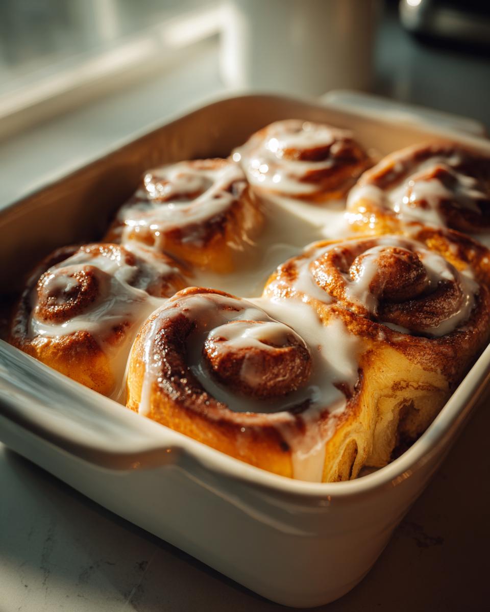 Close-up of freshly baked cinnamon rolls with thick white icing soaking in heavy cream in a white baking dish.