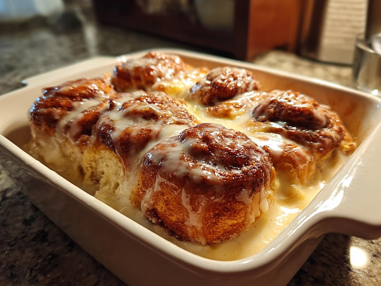 Close-up of freshly baked cinnamon rolls with heavy cream soaking the bottom and drizzled with white icing.