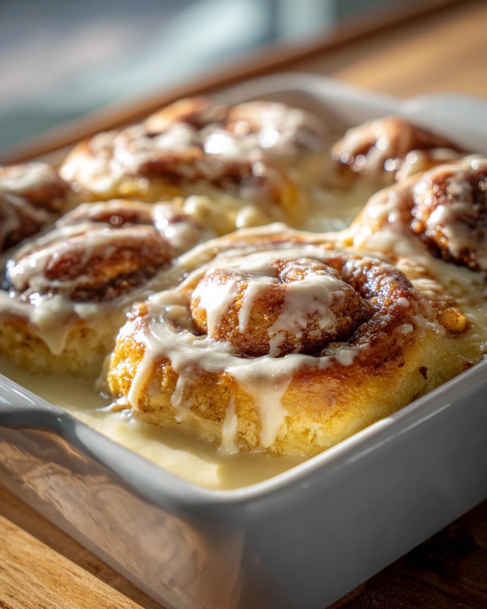 Close-up of freshly baked cinnamon rolls with heavy cream soaking the bottom and drizzled with white icing.