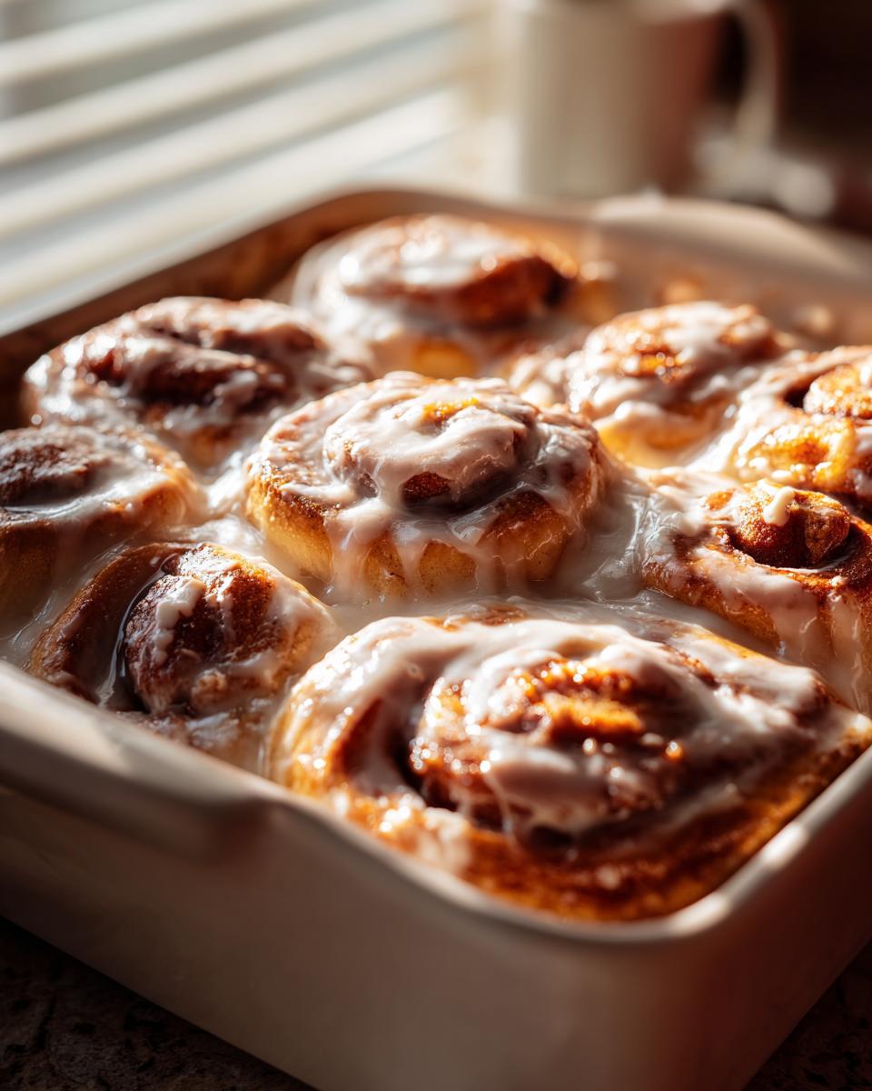 Close-up of warm cinnamon rolls with heavy cream icing baked together in a white dish.