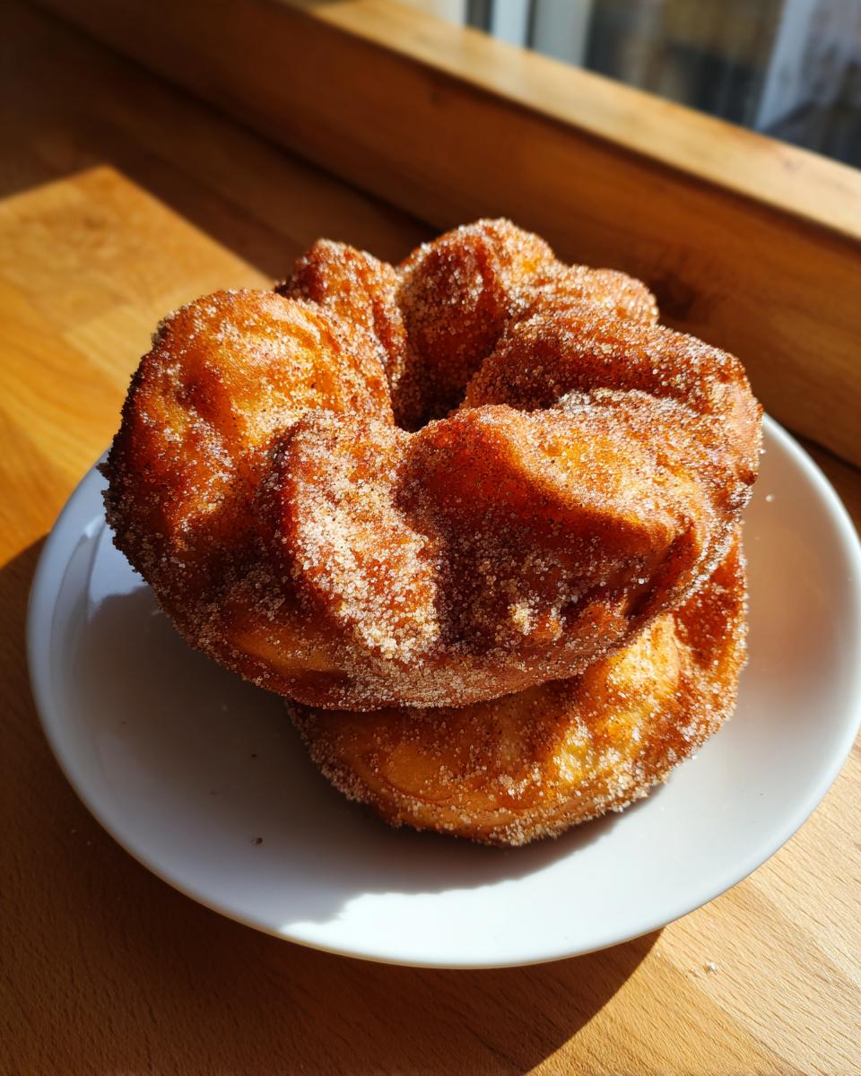 Two golden brown buñuelos generously coated in cinnamon sugar stacked on a small white plate.