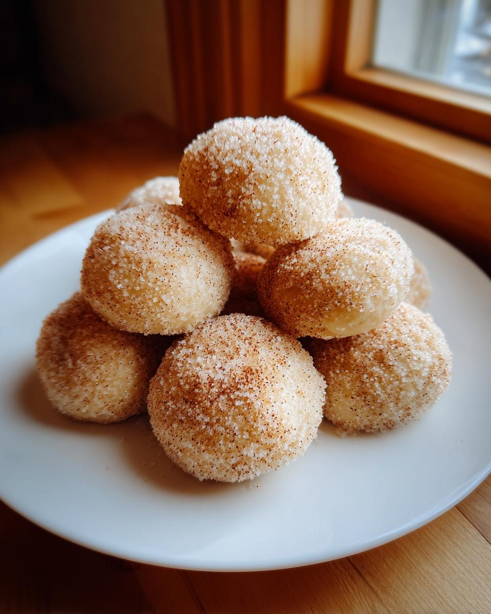 A stack of freshly made cinnamon sugar snowball cookies coated heavily in sparkling cinnamon sugar mixture.