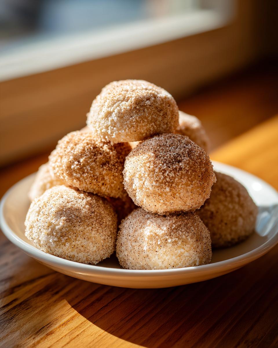 A stack of freshly baked cinnamon sugar snowball cookies coated in fine sugar and spice, sitting on a white plate.