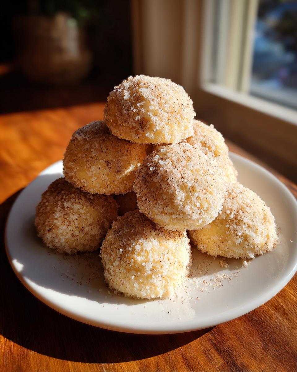A stack of freshly made cinnamon sugar snowball cookies generously coated in sparkling cinnamon sugar on a white plate.