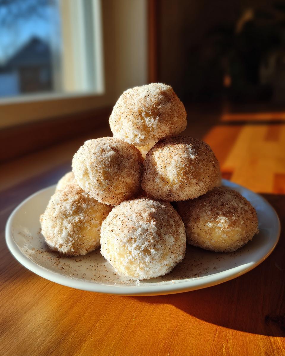 A stack of freshly made cinnamon sugar snowball cookies coated in sugar and cinnamon on a white plate.