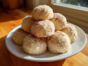 A stack of freshly made cinnamon sugar snowball cookies coated in sparkling sugar, resting on a white plate.