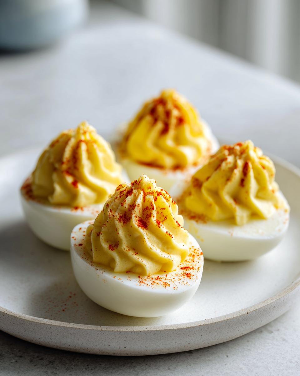 Four beautifully piped classic deviled eggs sprinkled with paprika, resting on a light ceramic plate.
