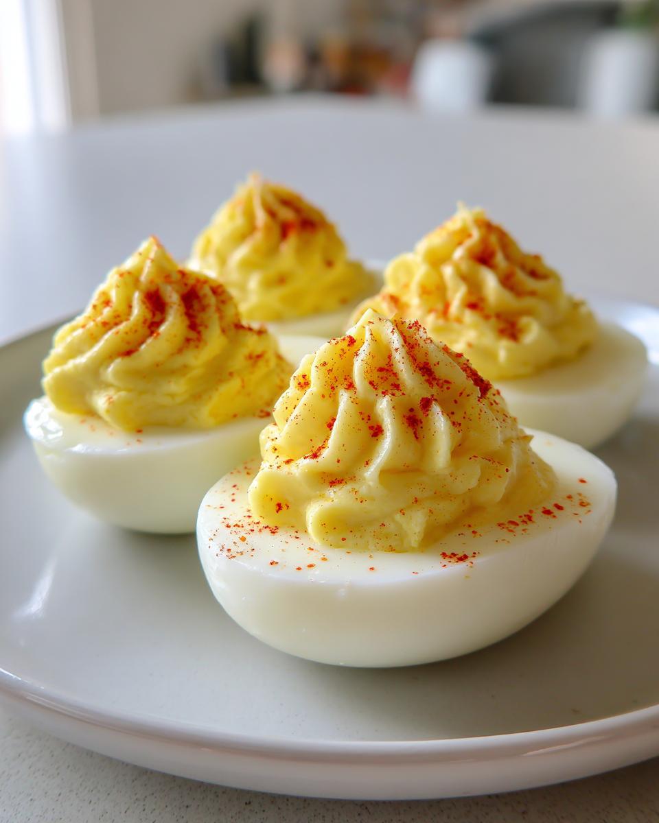Four perfectly piped classic deviled eggs garnished with paprika, resting on a light gray plate.