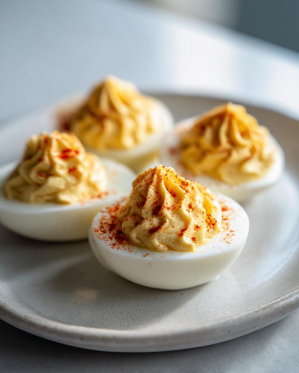 Four beautifully piped classic deviled eggs sprinkled with paprika on a light gray plate.