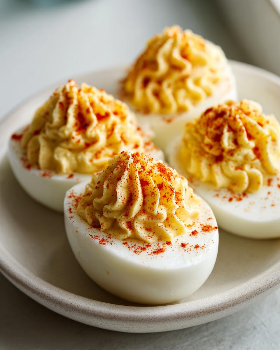 Four halves of classic deviled eggs with piped creamy filling, sprinkled with paprika, served on a light plate.