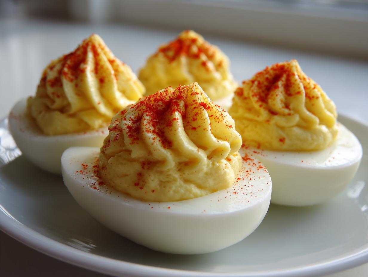 Four halves of classic deviled eggs, filled with piped yellow yolk mixture and sprinkled with bright red paprika.