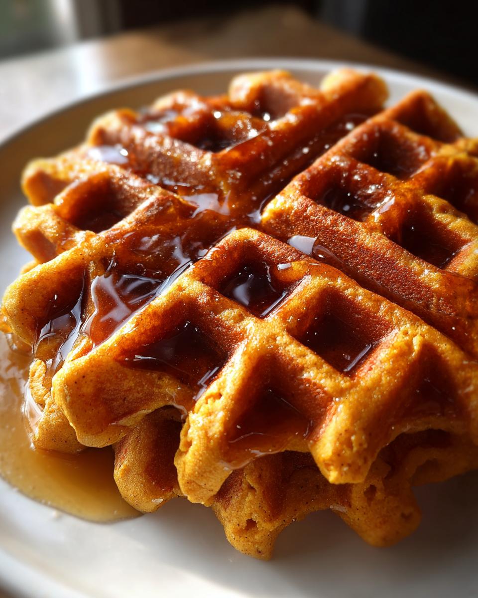 A close-up stack of golden brown pumpkin waffles drenched in rich maple syrup.