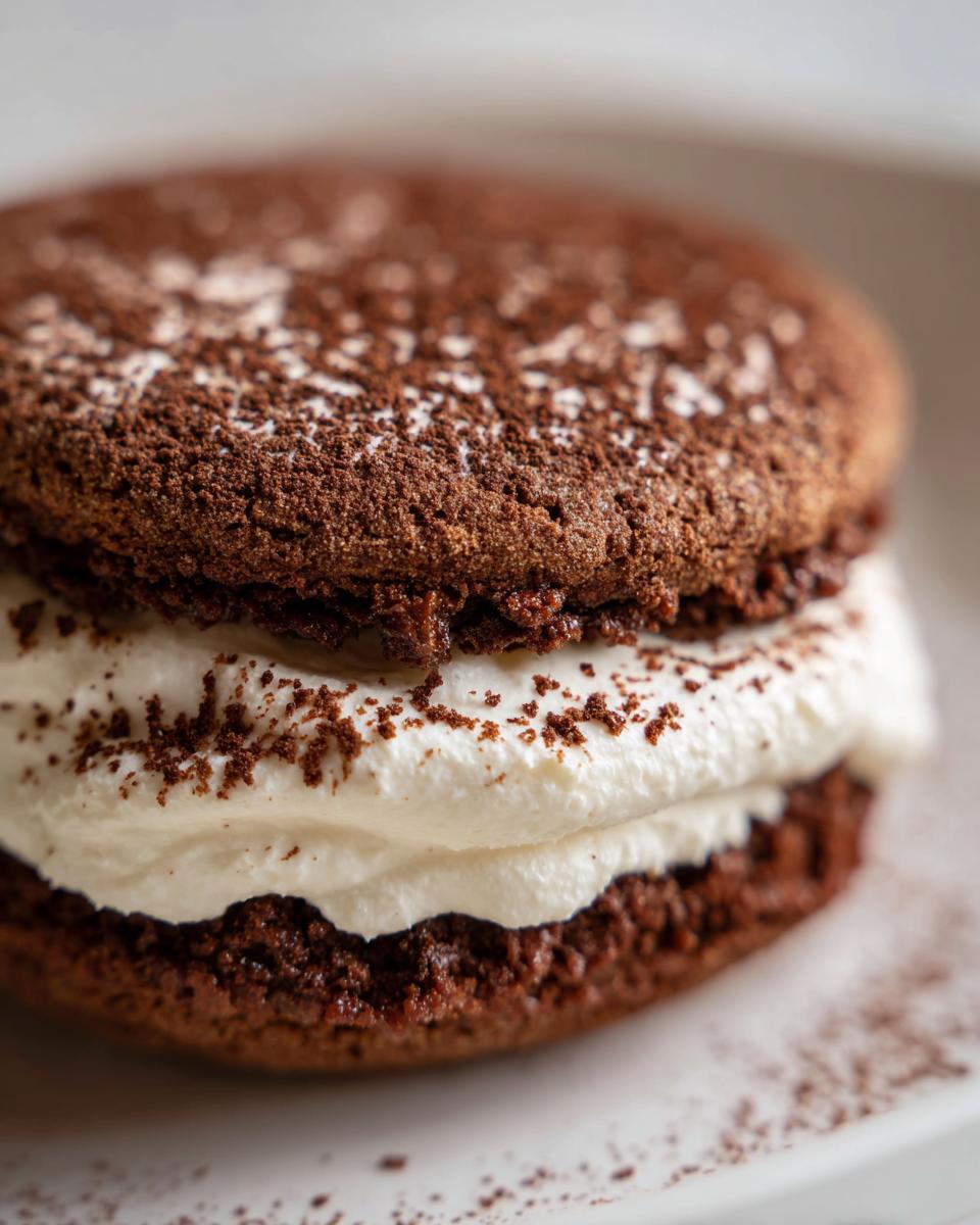 A close-up shot of a decadent tiramisu cookies sandwich filled with thick white cream and dusted with cocoa powder.