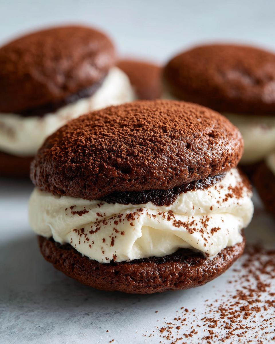 A close-up of a decadent tiramisu cookies sandwich filled with thick white cream and dusted heavily with cocoa powder.