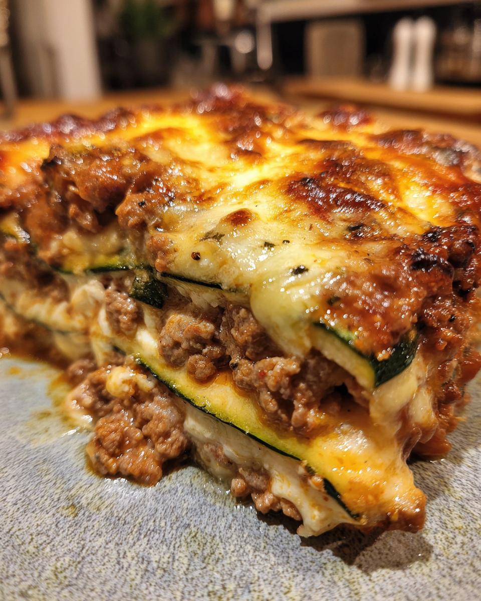 A close-up shot of a rich slice of zucchini lasagna showing layers of meat sauce, white cheese, and zucchini noodles.