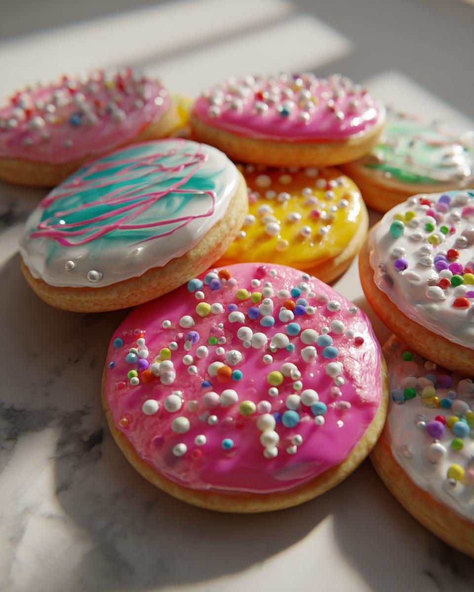 A close-up of several colorful sugar cookies topped with bright, hardened sugar cookie icing and sprinkles.