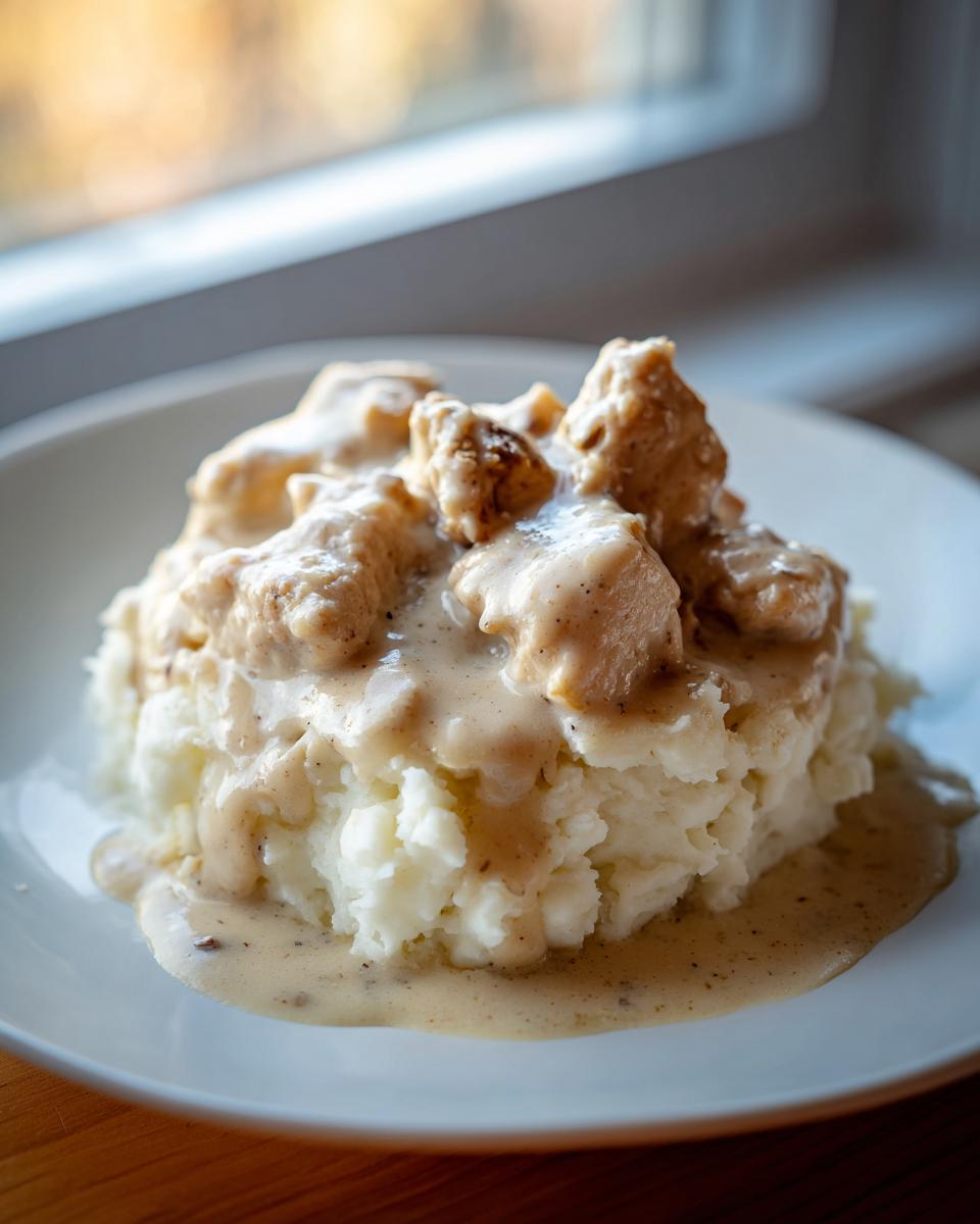 A serving of creamy chicken and gravy poured over a mound of fluffy mashed potatoes.
