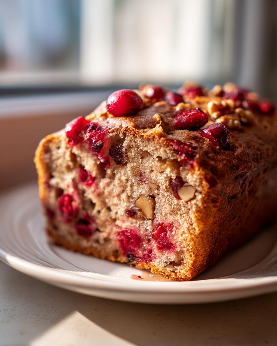 A close-up, sunlit view of a freshly baked cranberry walnut bread loaf resting on a white plate, showing visible cranberries and walnuts.