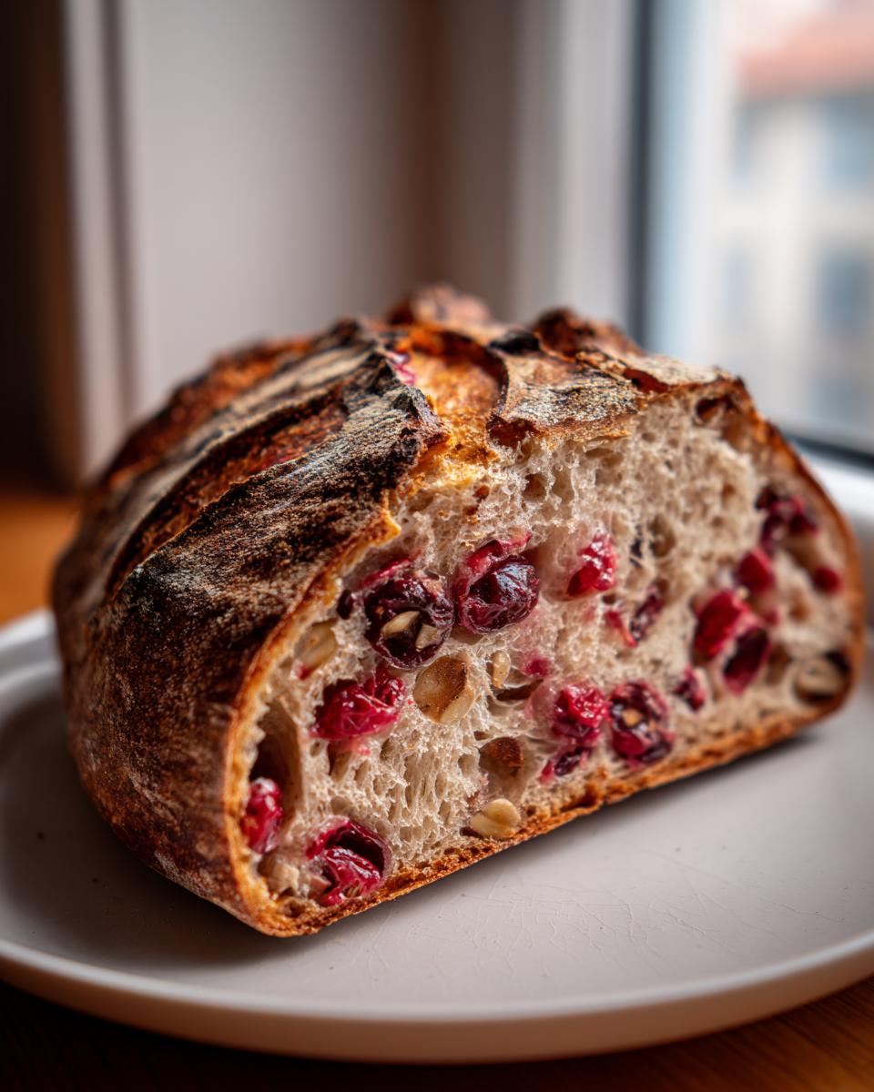 Close-up of a loaf of cranberry walnut bread, showing the open crumb filled with bright red cranberries and walnuts.