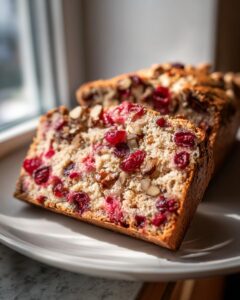 Close-up of a thick slice of cranberry walnut bread, showing bright red cranberries and chopped walnuts baked into the loaf.