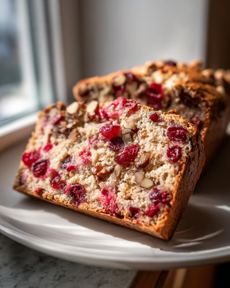 Close-up of a thick slice of cranberry walnut bread, showing bright red cranberries and chopped walnuts baked into the loaf.