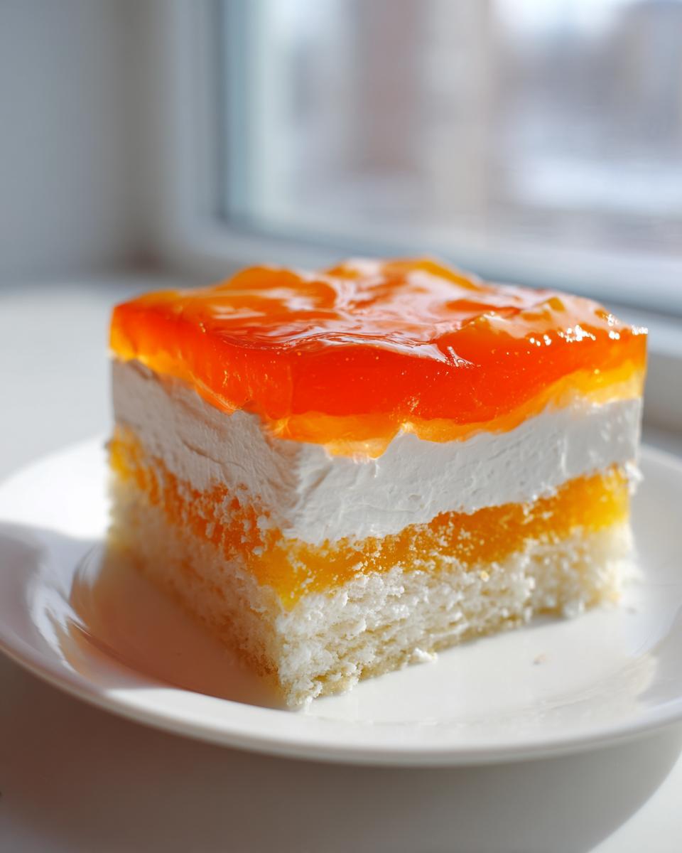 A square slice of layered Creamsicle Cake featuring white sponge, cream, and a vibrant orange gelatin topping.