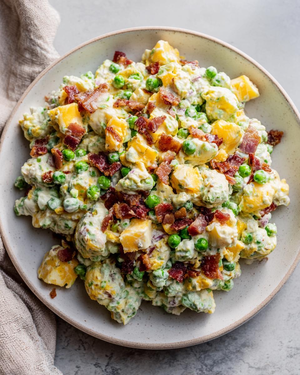 A bowl of creamy pea salad mixed with chunks of cheddar cheese and topped with crispy bacon bits.