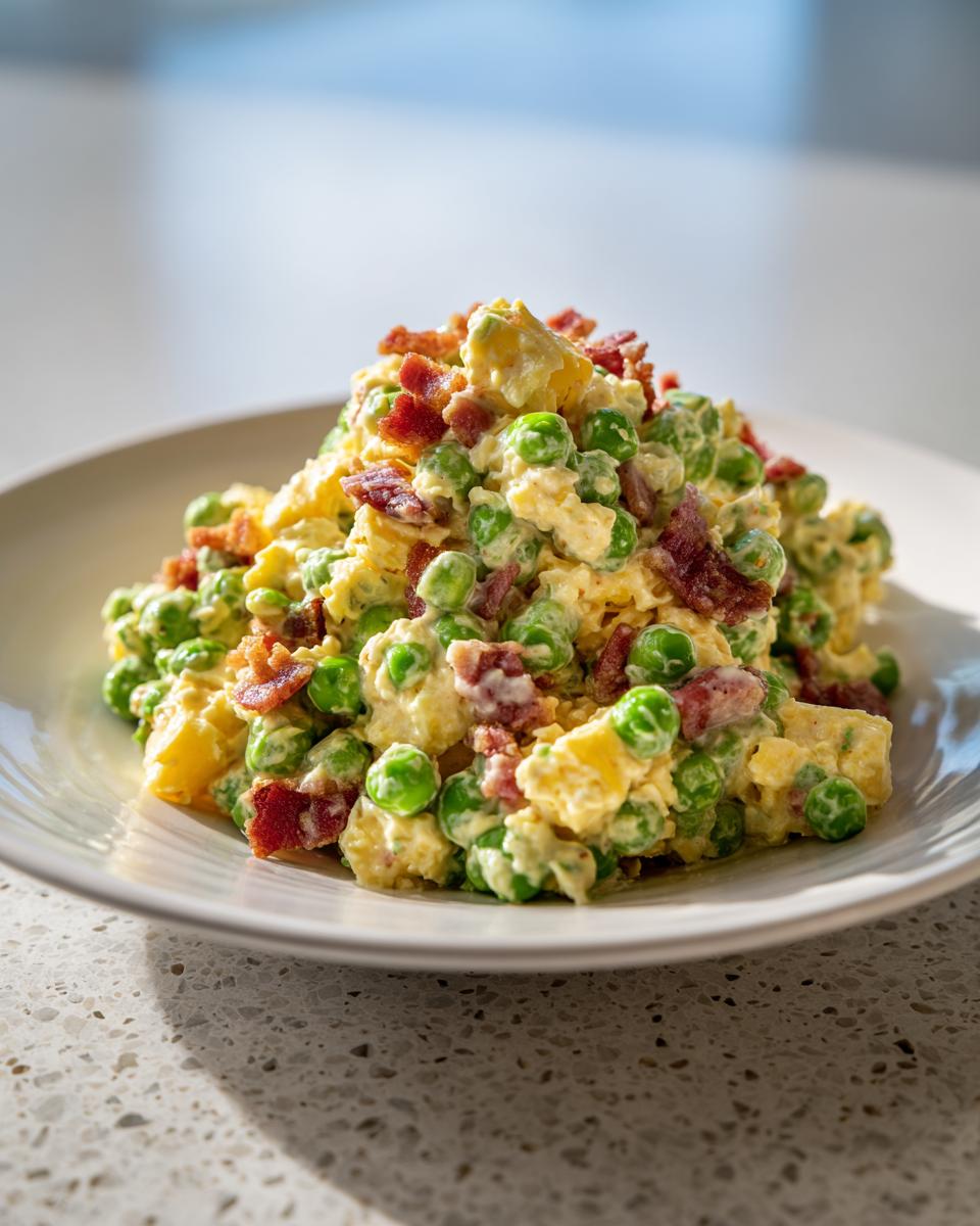 A close-up of a creamy pea salad mixed with chunks of egg and topped generously with crispy bacon bits.