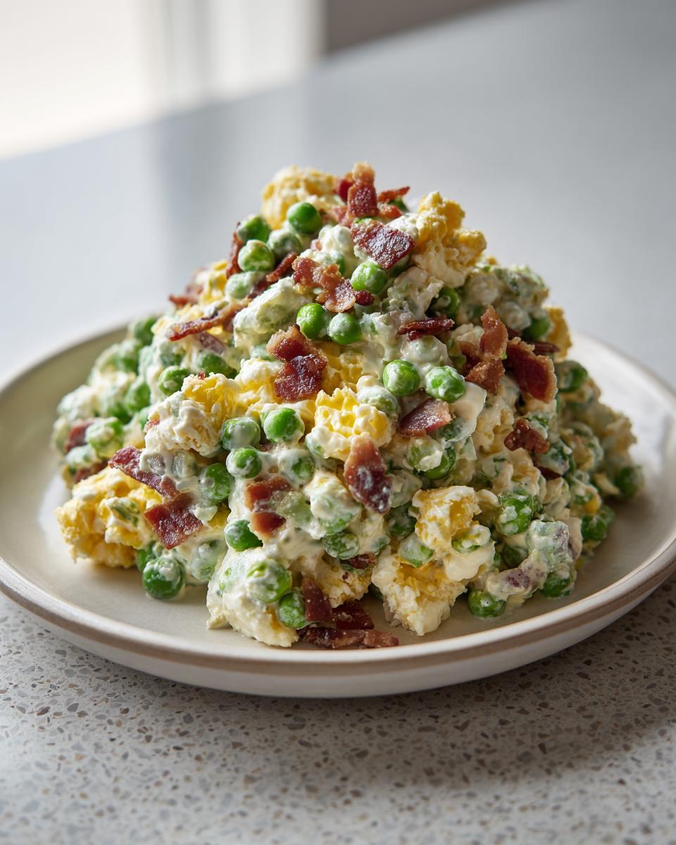 A mound of creamy pea salad mixed with eggs and topped generously with crispy bacon bits.