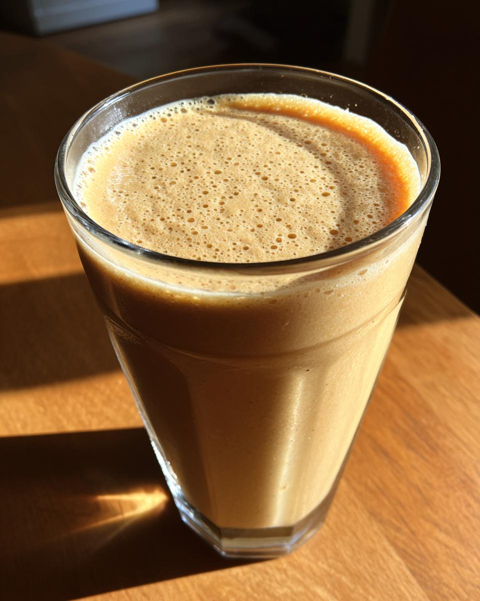 Close-up of a thick, creamy banana smoothie in a glass, catching bright sunlight on a wooden surface.