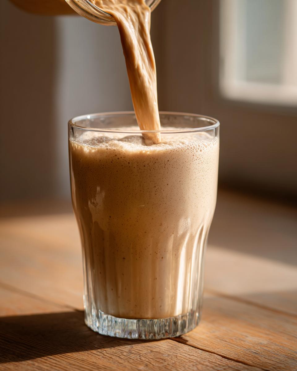 Thick, creamy banana smoothie being poured from a blender into a textured glass on a wooden surface.